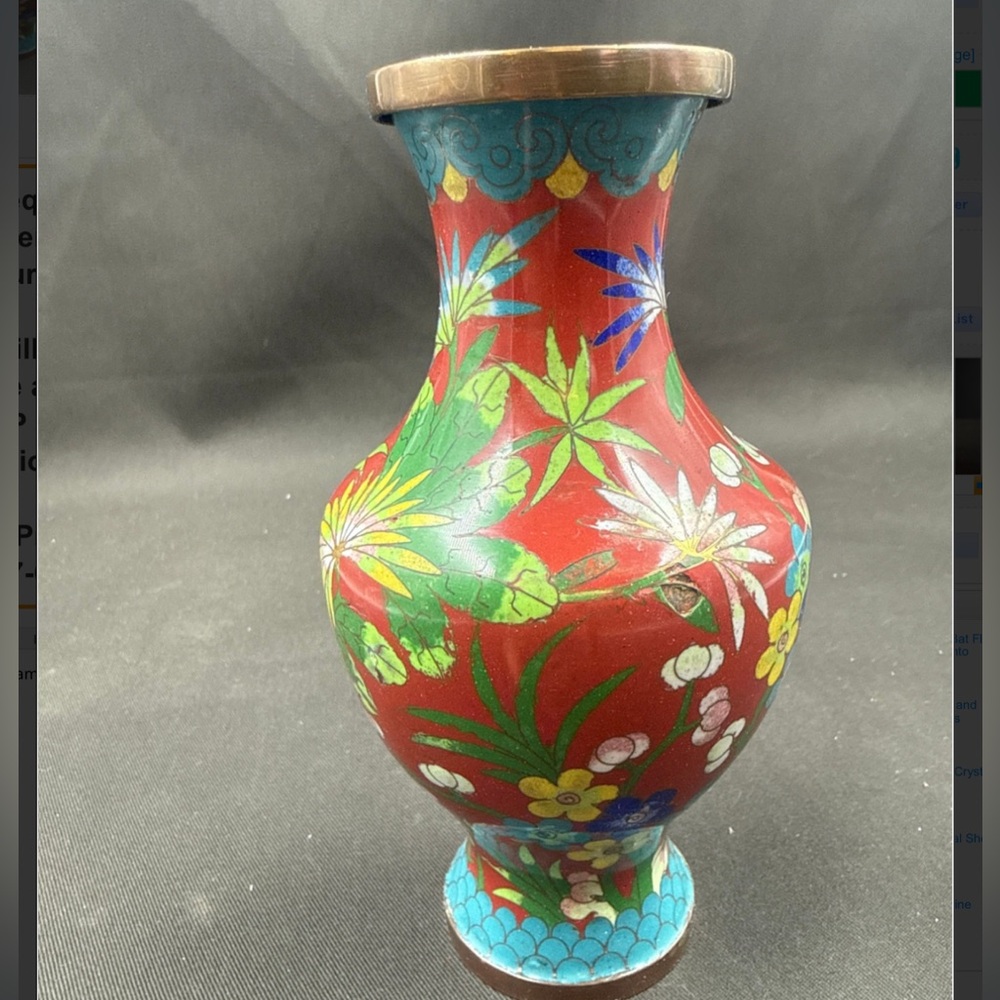 Antique Cloisonné Floral Enamel Vase 8”